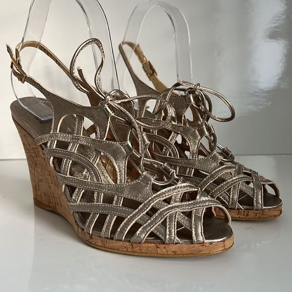Stuart Weitzman Metallic Leather Wedge Cork Heel Lace Up Sandals Size 38 - Picture 2 of 15